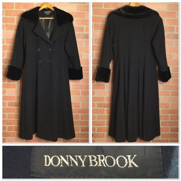 Vintage Donnybrook Long Black Wool Coat Faux Fur Trim Double-Breasted Size 14 - Picture 1 of 7